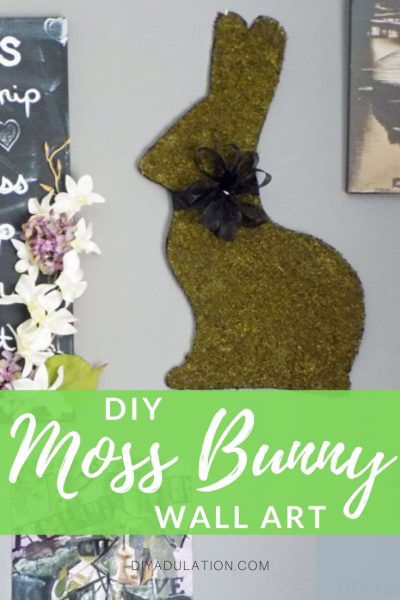 Close Up of Moss Bunny on Gallery Wall with text overlay - DIY Moss Bunny Wall Art - DIY Adulation
