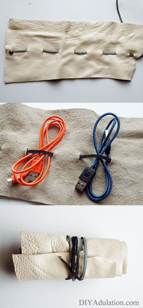 This DIY leather charging cord organizer holds your cords and wall adapters to keep everything in one place. Perfect for yourself or as an easy DIY gift!