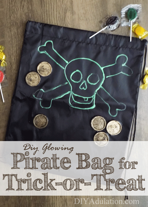 This DIY glowing pirate trick-or-treat bag lets you coordinate the entire buccaneer look, increases visibility of your kid, and frees up little hands.