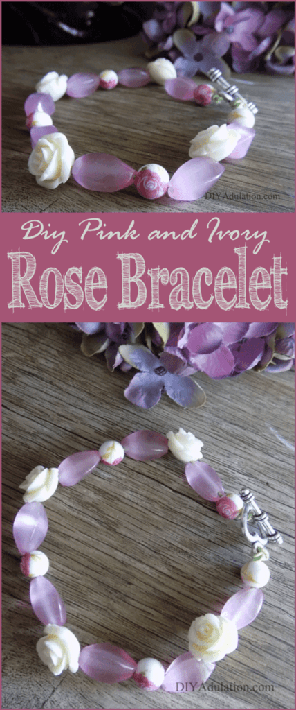 Pink floral beaded bracelet on wooden table with text overlay: DIY Pink and Ivory Rose Bracelet