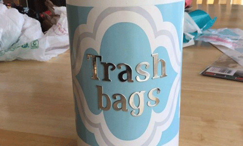 Blue Decorative Container with the words Trash Bags on it