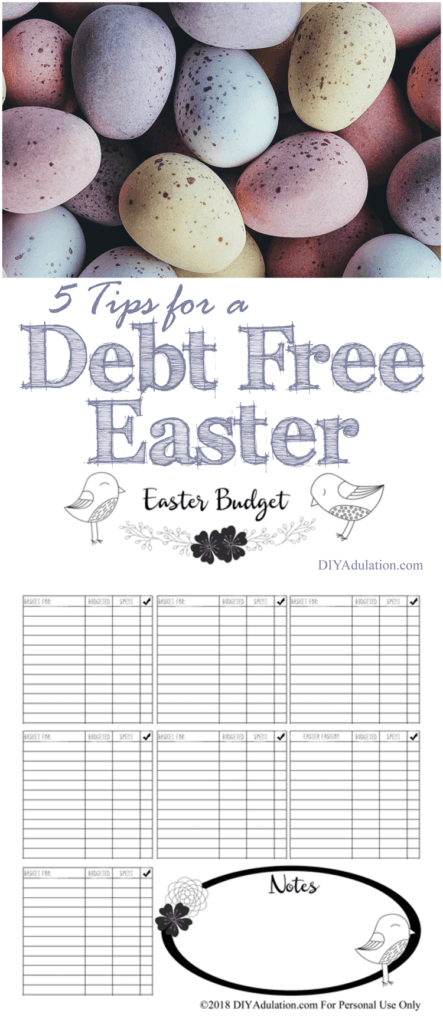 Collage of Pastel Eggs and printable Easter Budget with text overlay: 5 Tips for a Debt Free Easter