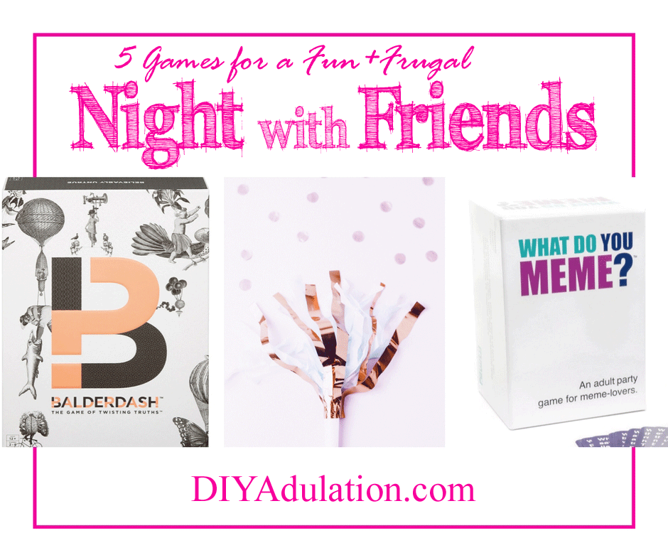 Collage of Games with text overlay: 5 Games for a Fun + Frugal Night with Friends