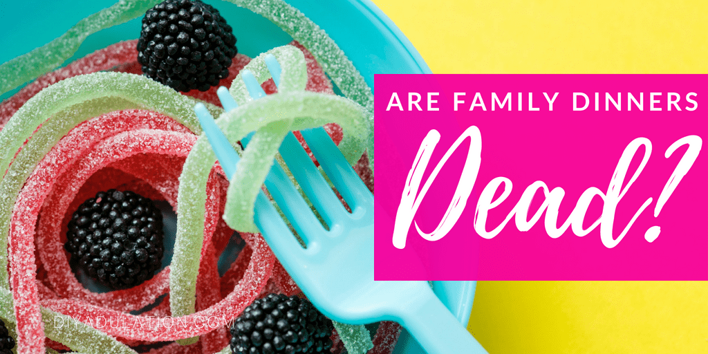 Fork twirling candy pasta with text overlay: Are Family Dinners Dead?