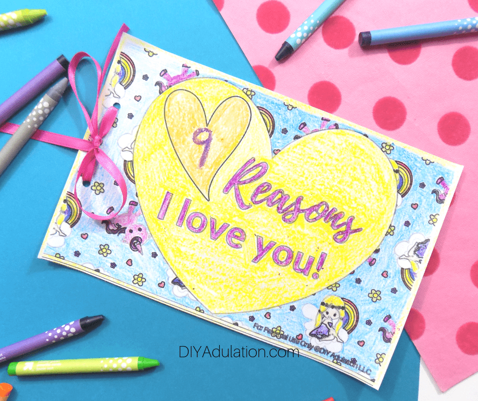 9 Reasons I Love You Valentine Book Next to Crayons