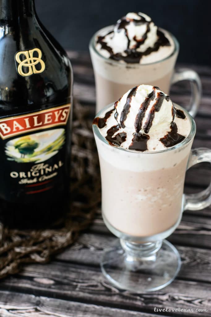 Glasses of Frozen Hot Chocolate next to Bottle of Baileys