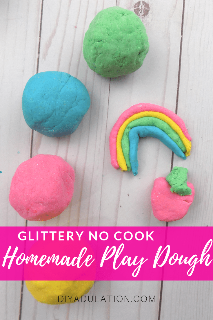 Balls of Play Dough Next to Creations with text overlay - Glittery No Cook Homemade Play Dough