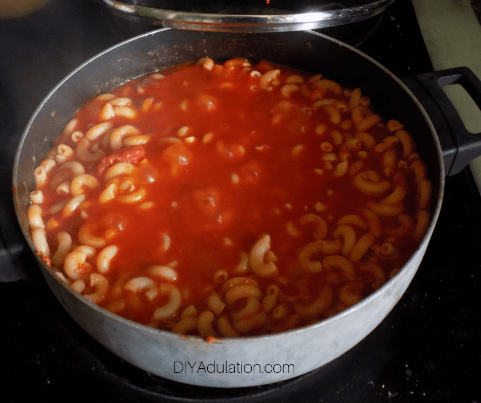 Boiling Macaroni and Tomatoes in Pot