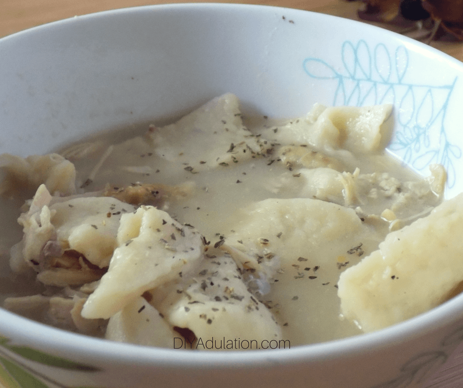 Close Up of Turkey and Dumplings in Bowl