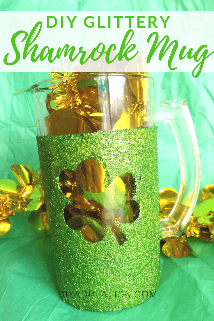 Close up of Glitter Shamrock Beer Mug with text overlay - Custom Beer Mugs for St Patricks Day