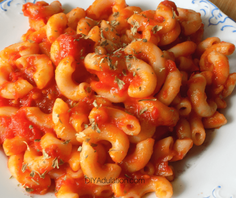 Close-up-of-Plate-of-Macaroni-and-Tomatoes