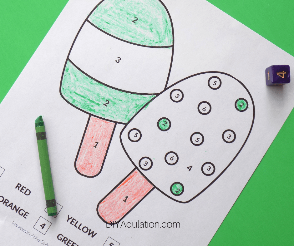 Colored Ice Cream Color by Number Sheet with Green Crayon and Die