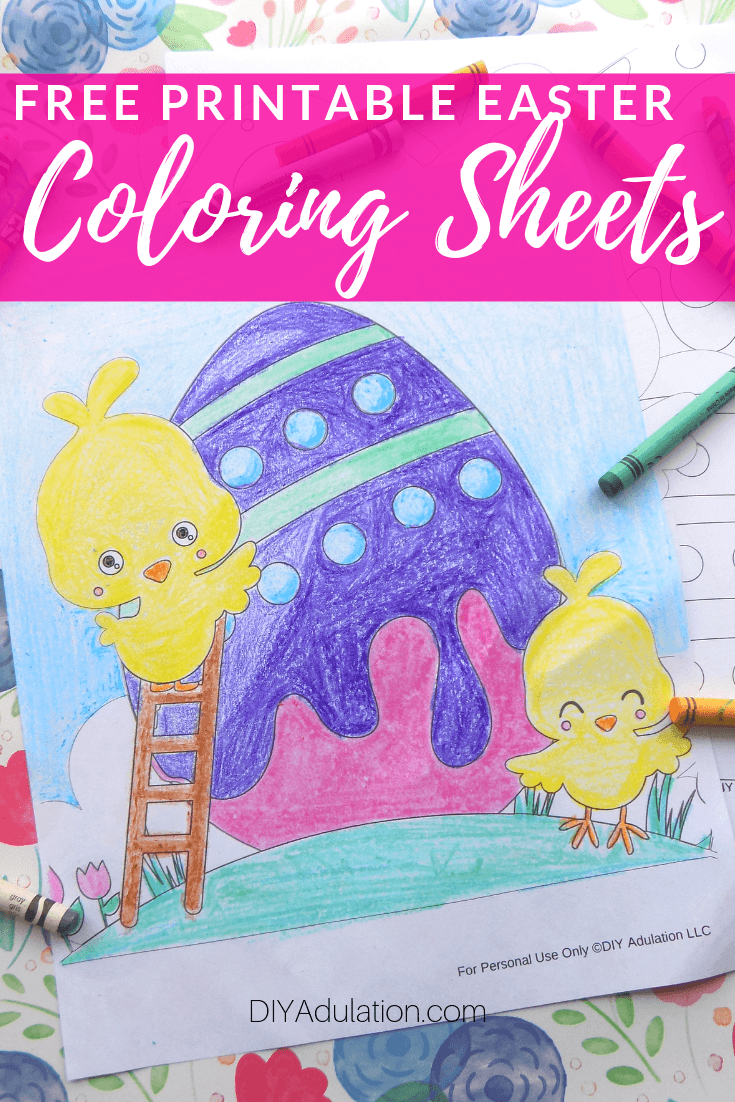 Coloring Sheet next to crayons with text overlay - Free Printable Easter Coloring Sheets