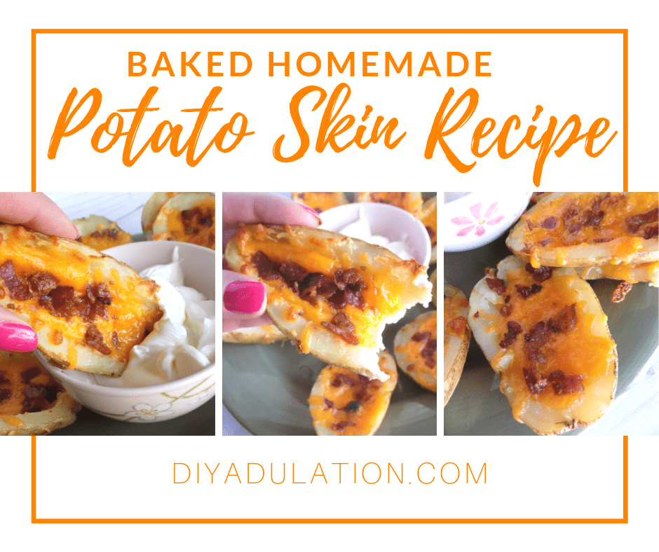 Collage of Potato Skins on a Plate with Sour Cream with text overlay - Baked Homemade Potato Skins Recipe