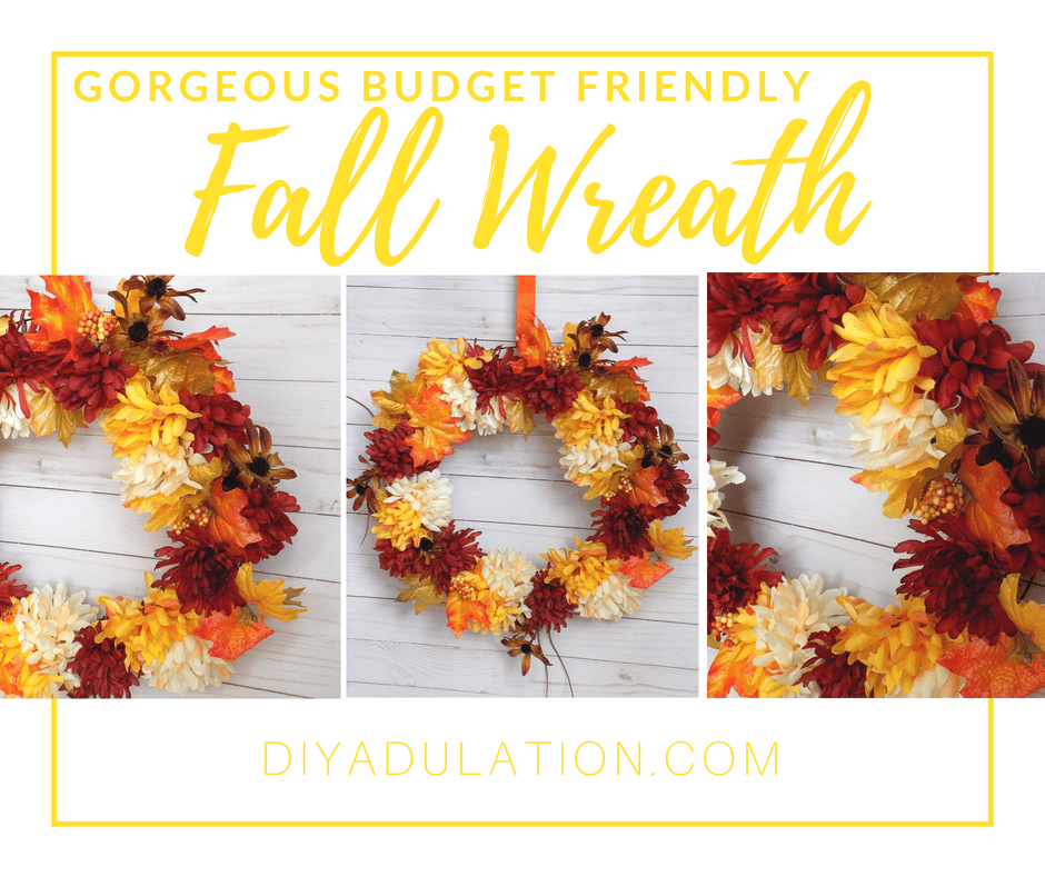 Collage of Photos Orange, Red, and Cream Floral Fall Wreath with text overlay: Gorgeous Budget Friendly Fall Wreath