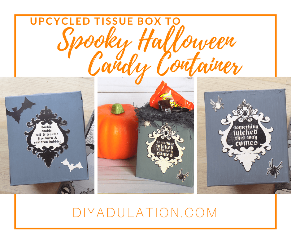 Collage of Photos of Halloween Candy Container next to Pumpkin with text overlay: Upcycled Tissue Box to Spooky Halloween Candy Container