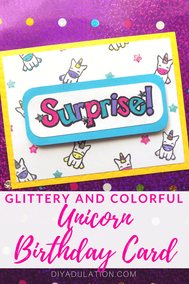 Collage of Glittery and Colorful Unicorn Birthday Card with text overlay: Glittery and Colorful Unicorn Birthday Card