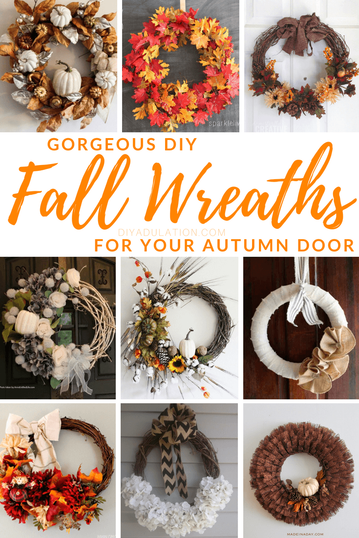 Collage of fall wreaths with text overlay: Gorgeous DIY Fall Wreaths for Your Autumn Door