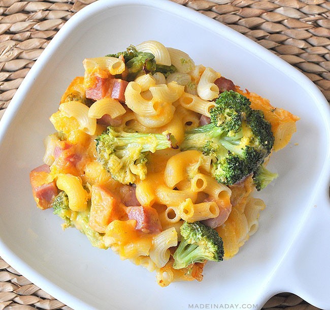 plate of ham and broccoli macaroni and cheese casserole
