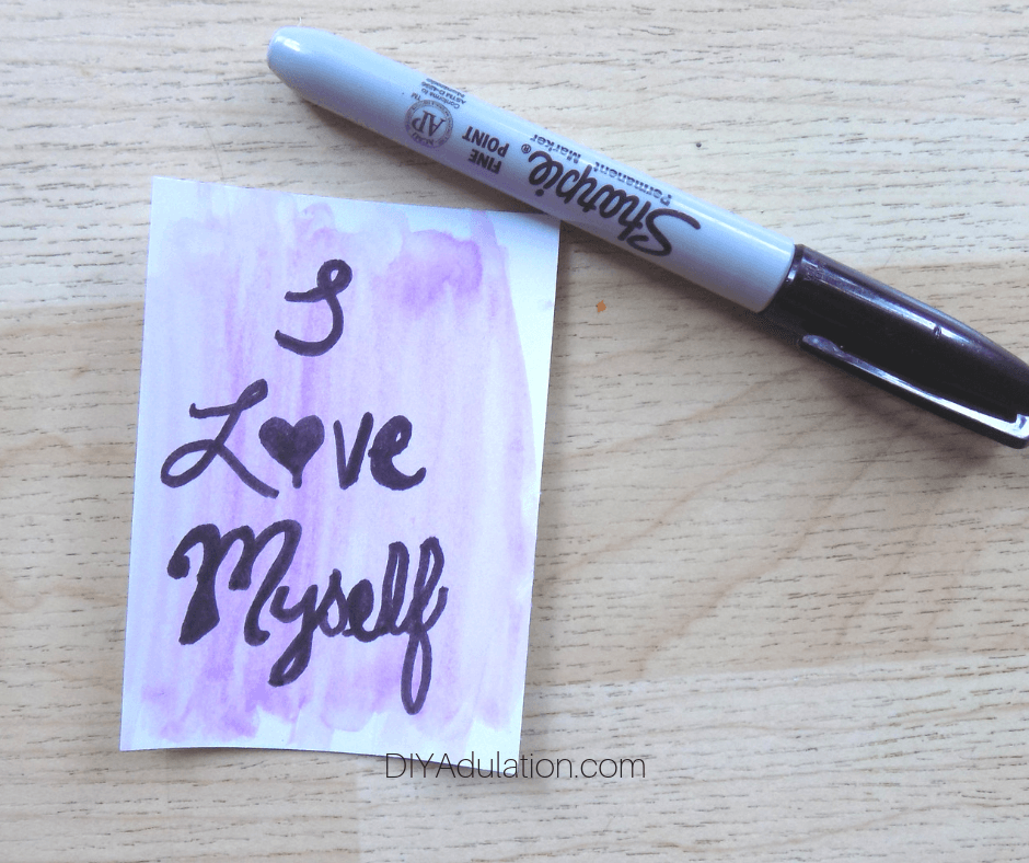 I Love Myself Watercolor Affirmation Card next to Sharpie