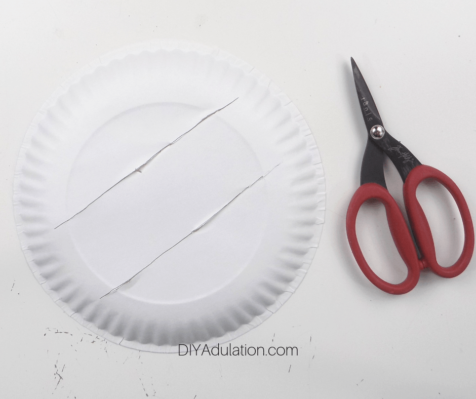 Paper Plate with Lines Cut in It next to Scissors