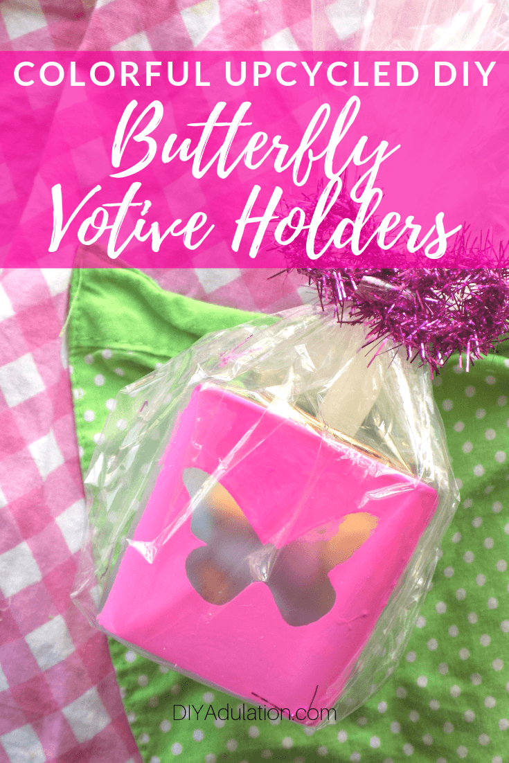 Pink and Green Butterfly Votive Holder Gifts on Pink and Green Background with text overlay - Colorful Upcycled DIY Butterfly Votive Holders