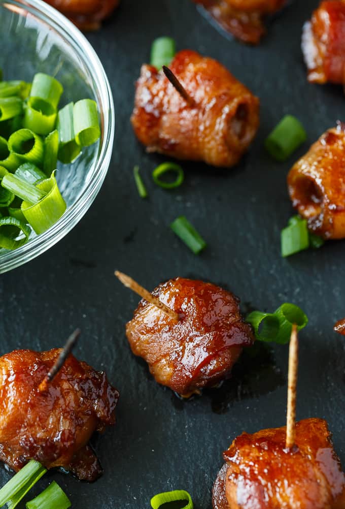 Bacon wrapped water chestnuts with toothpicks in them