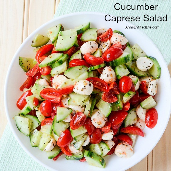 Cucumber Caprese Salad in white dish