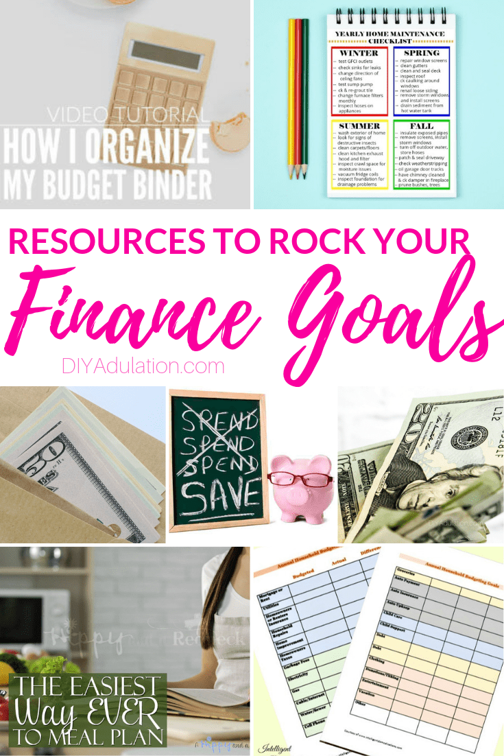 Collage of Finance and Budget Photos with text overlay - Resources to Rock Your Finance Goals