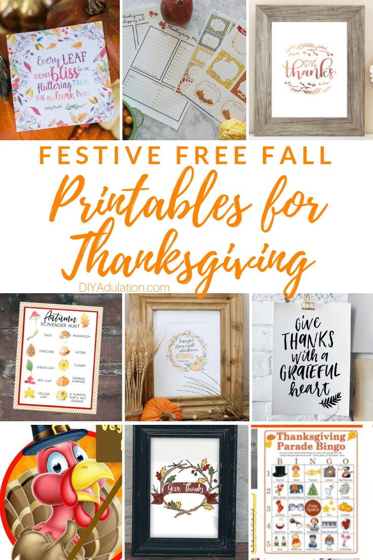 Collage of Printables with text overlay - Festive Free Fall Printables for Thanksgiving