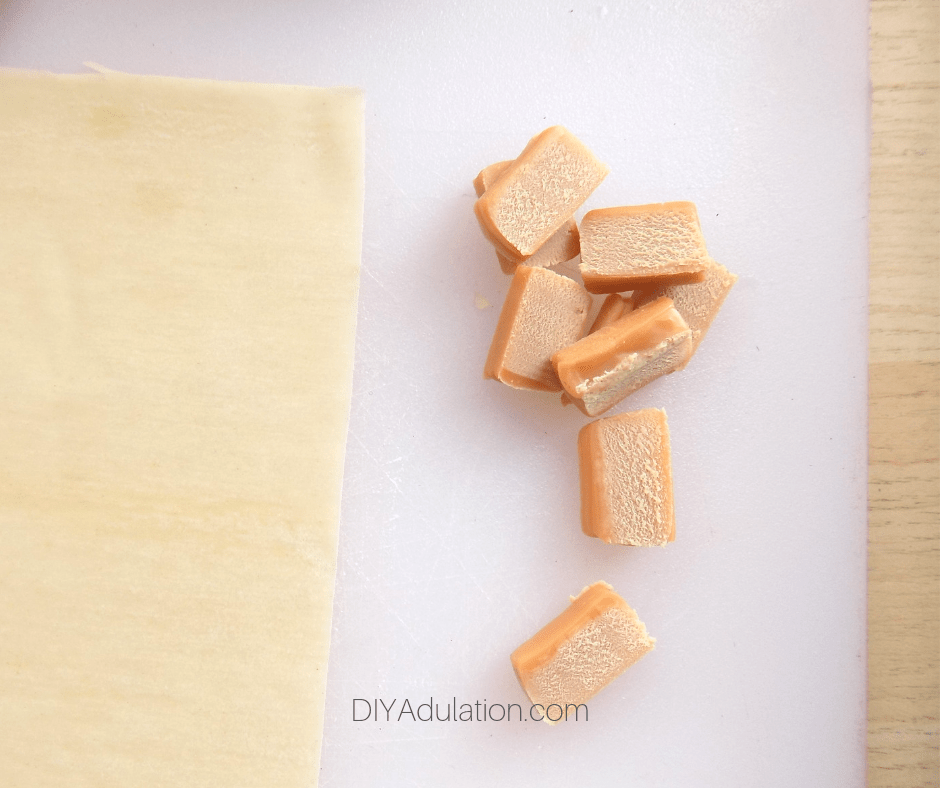 Cut Pieces of Caramel on Cutting Board