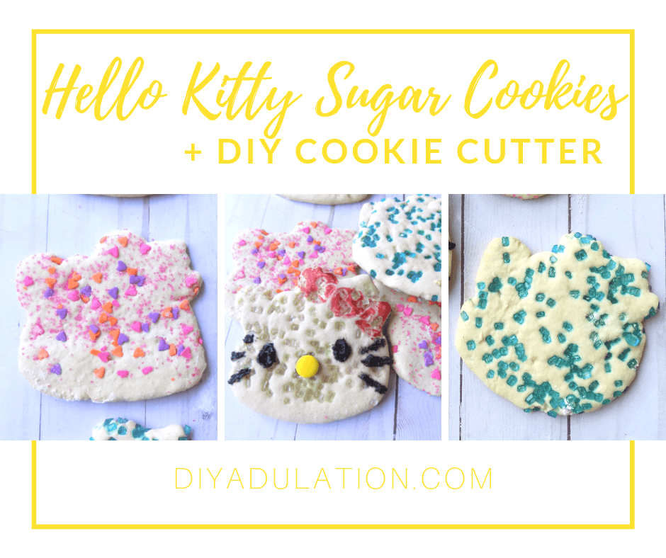 Collage of Hello Kitty Sugar Cookies with text overlay - Hello Kitty Sugar Cookie and DIY Cookie Cutter