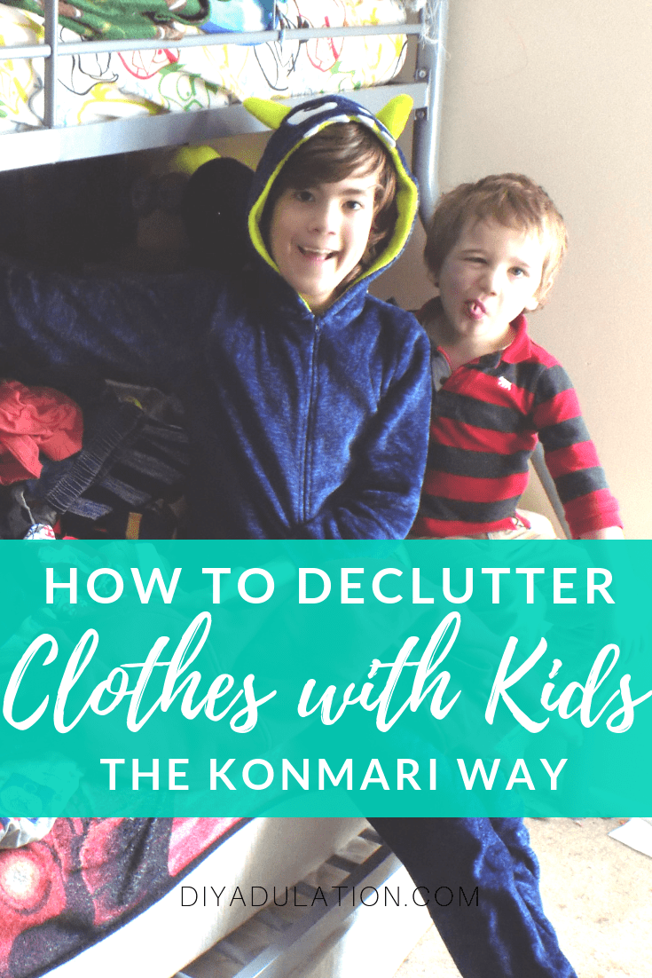 Kids Sitting on Bed with text overlay - How to Declutter Clothes with Kids the KonMari Way