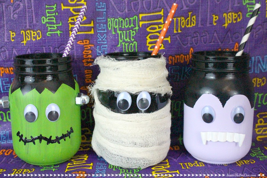Monster Mason Jars with Straws in them