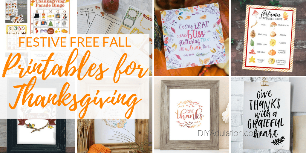 Collage of Printables with text overlay - Festive Free Fall Printables for Thanksgiving