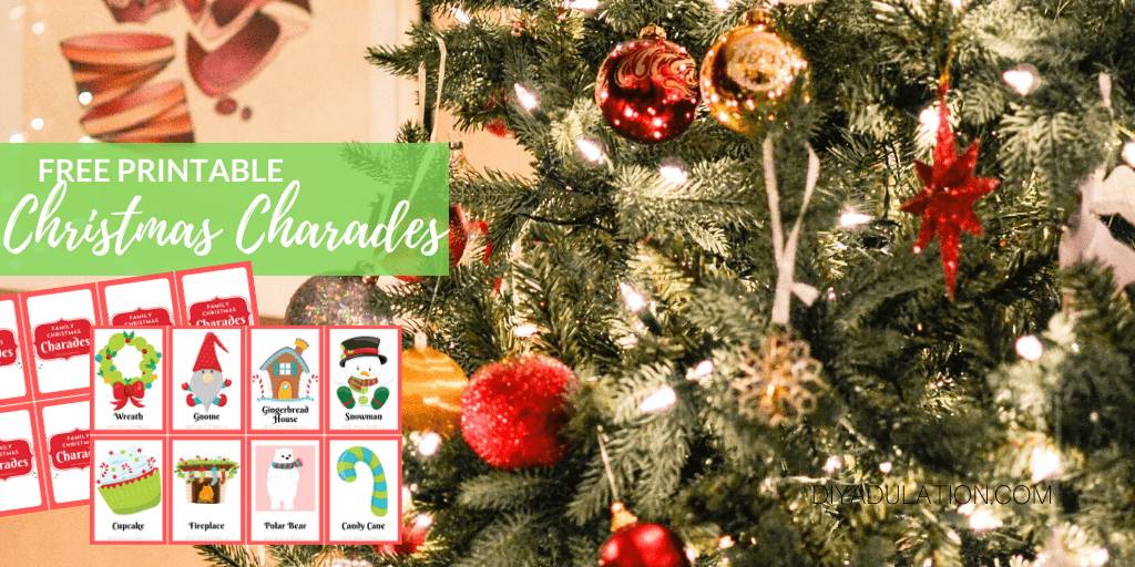 Decorated Christmas Tree with text overlay - Free Printable Christmas Charades