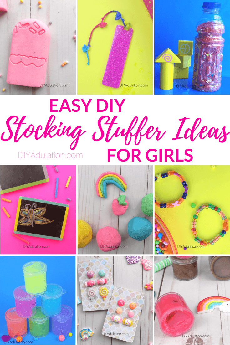Collage of DIY Gifts with text overlay - Easy DIY Stocking Stuffer Ideas for Girls