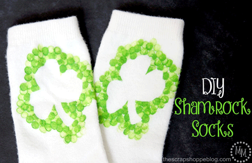 White socks with green outlined shamrocks and text overlay: DIY Shamrock Socks