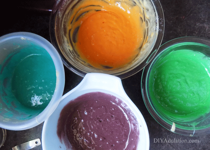 Dyed Cake Mix in 4 Separate Bowls