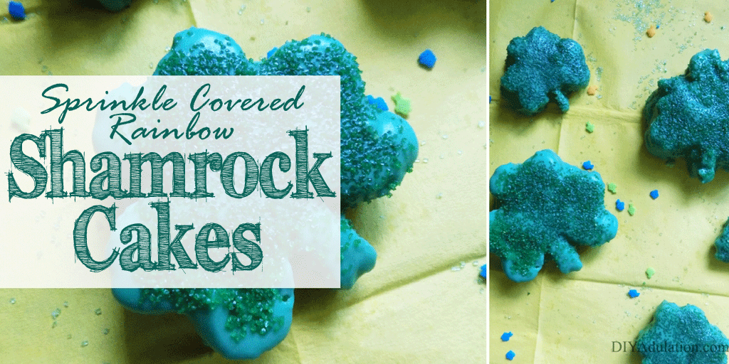 Sprinkled Shamrock Cakes Collage with Text Overlay: Sprinkle Covered Rainbow Shamrock Cakes